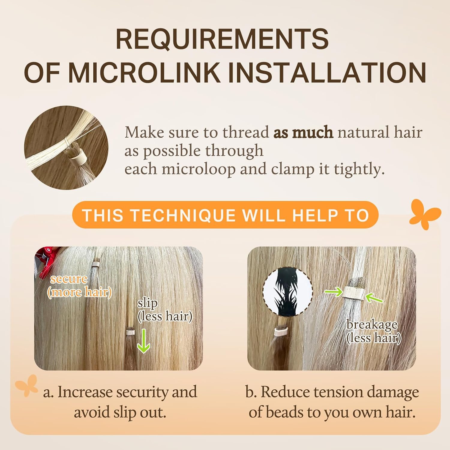 Detalle de DOORES Microlink Hair Extensions Human Hair, Natural Black 22 Inch – Remy Straight Micro Loop Extensions