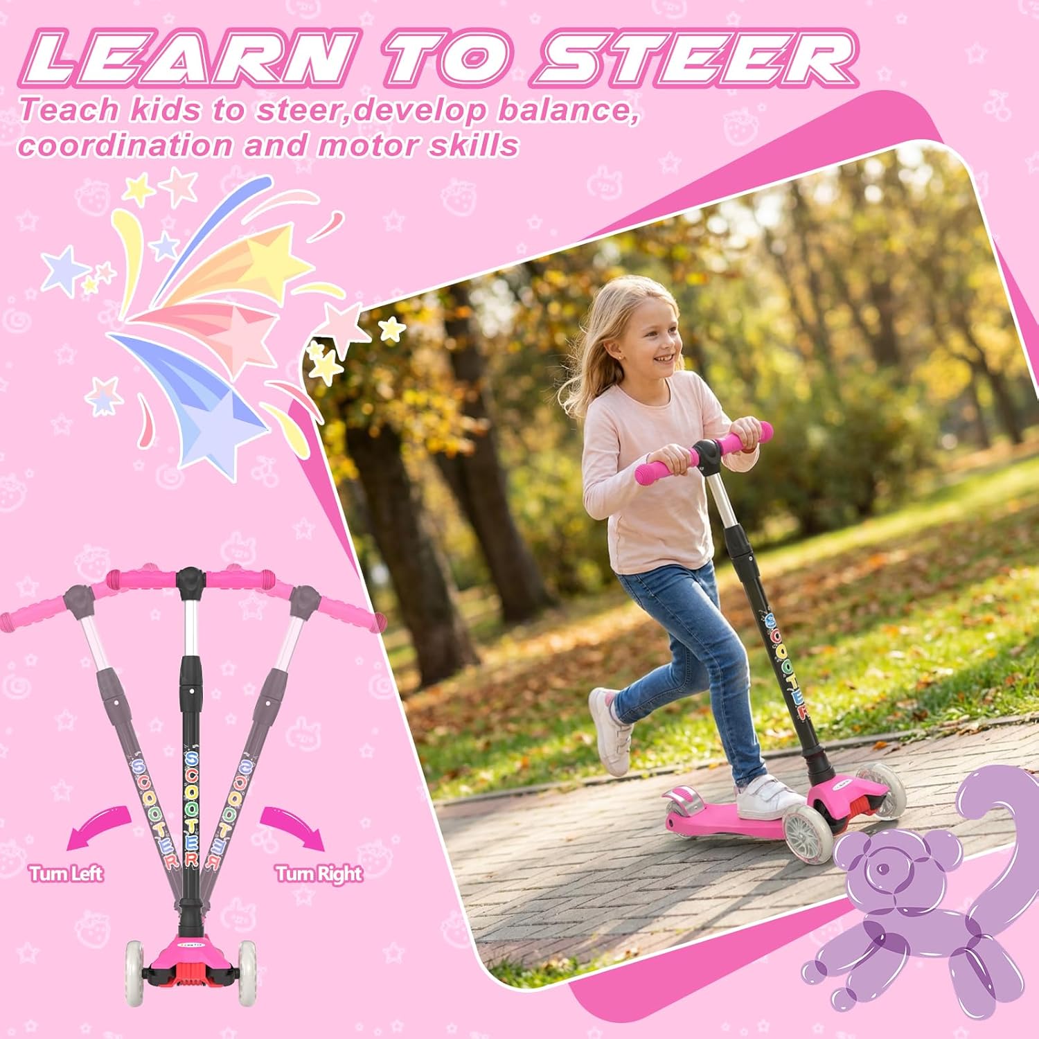 Thumbnail 3 de KORIMEFA 3 Wheel Kids Scooter (Age 3-12) with Adjustable Height, Light-up Wheels and Lean-to-Steer