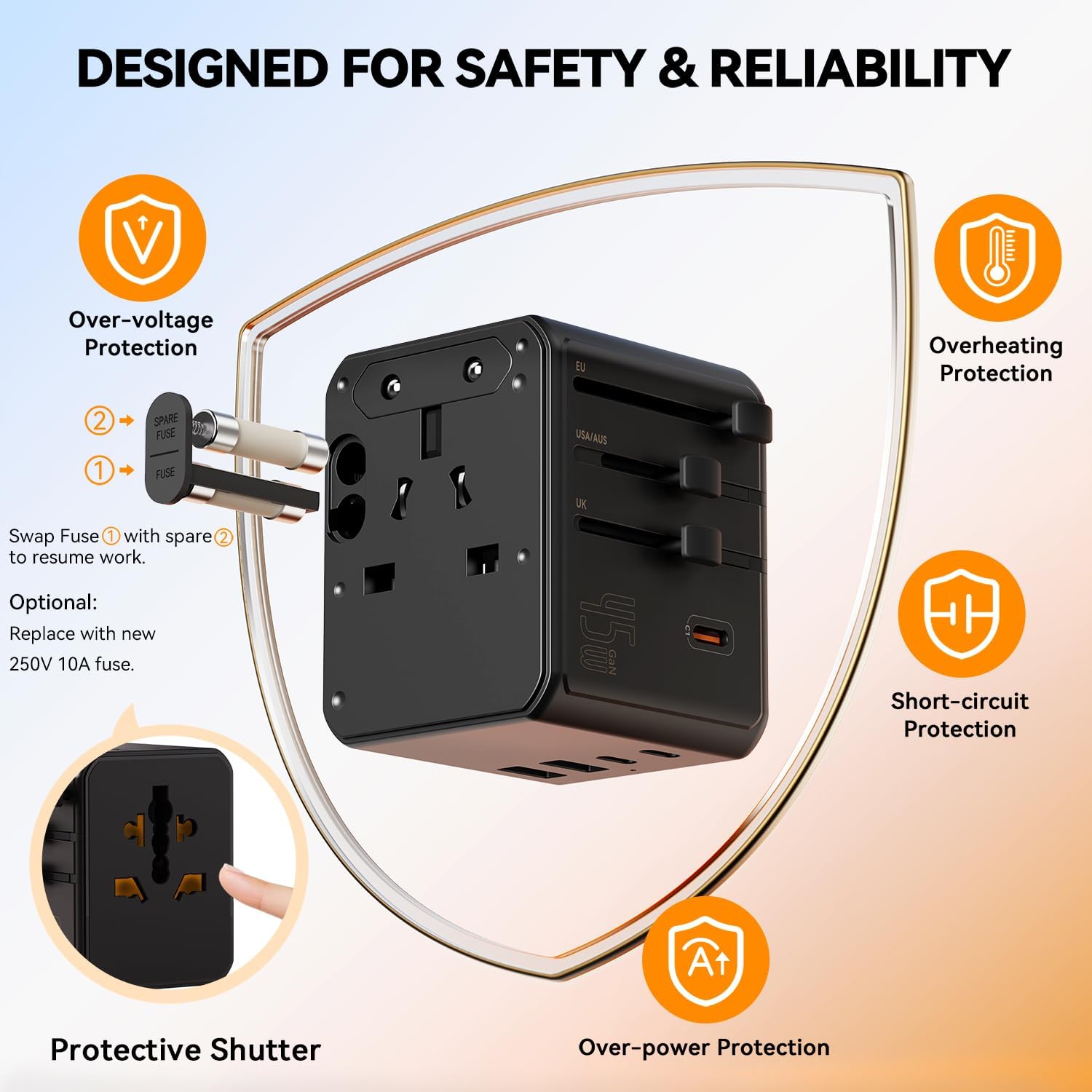 Detalle 2 de Auxmir Reiseadapter Weltweit – Universeller Steckdosenadapter mit USB-C und USB-A, 2500W, Safe & Kompakt