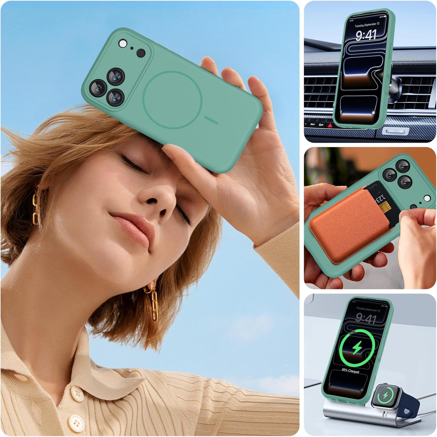 Thumbnail 5 de Miracase Magnetic Liquid Silicone Case for iPhone 17 Pro (MagSafe) – Midnight Green