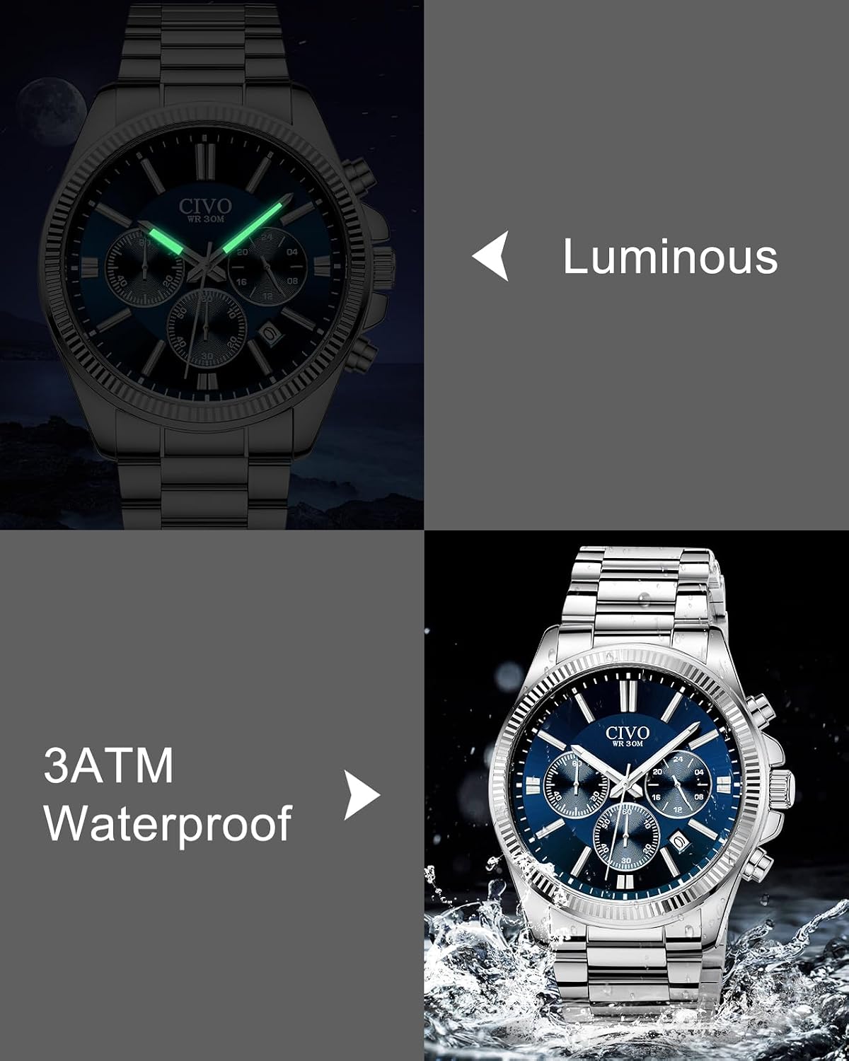 Detalle de CIVO Herrenuhr Edelstahl Chronograph mit Datum – Silbern, 41 mm, Quarz, 3 ATM Wasserdicht