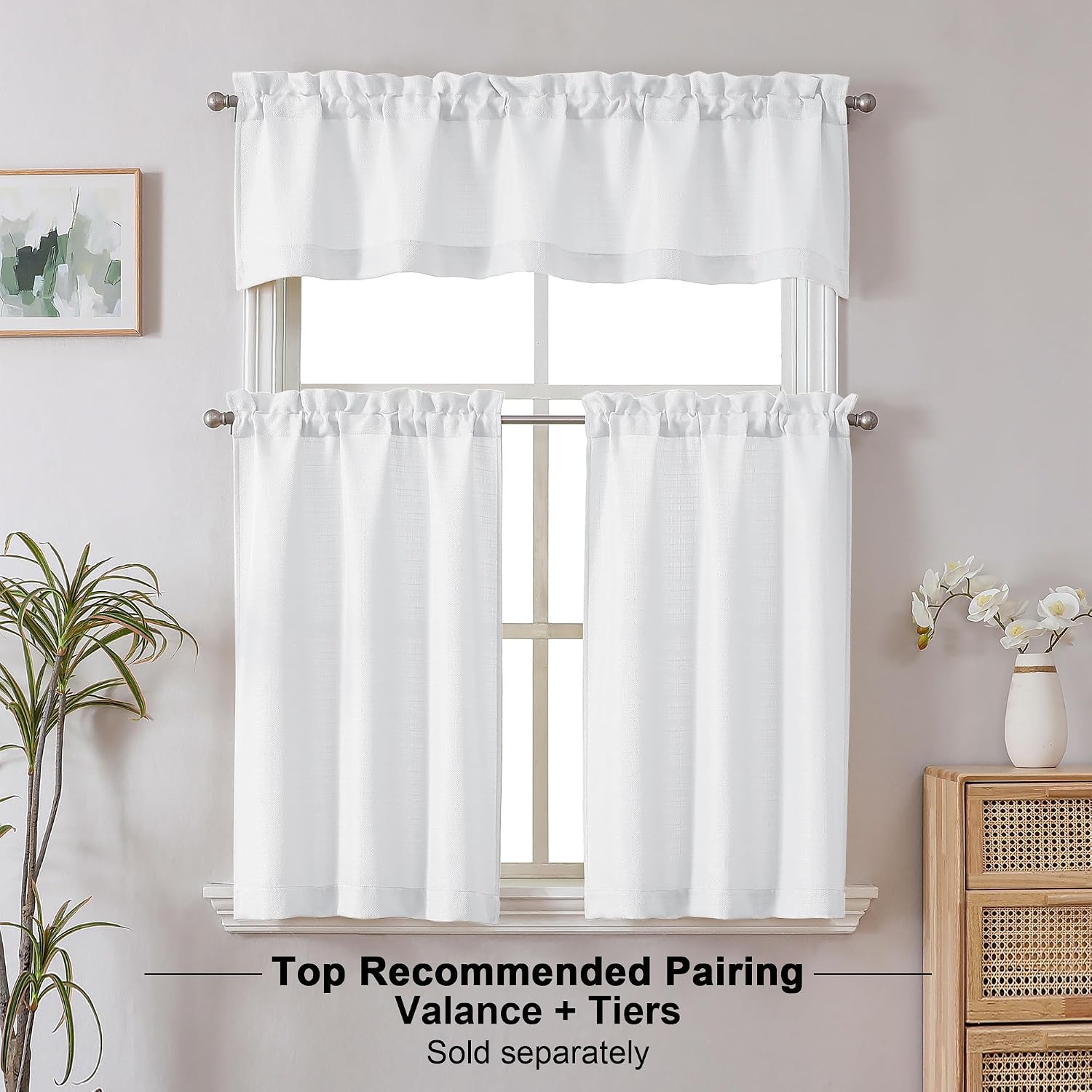 Detalle de Chyhomenyc 2-Pack White Kitchen Tier Curtains (30x36 inch) Faux Linen Textured, Light Filtering Cafe Curtains