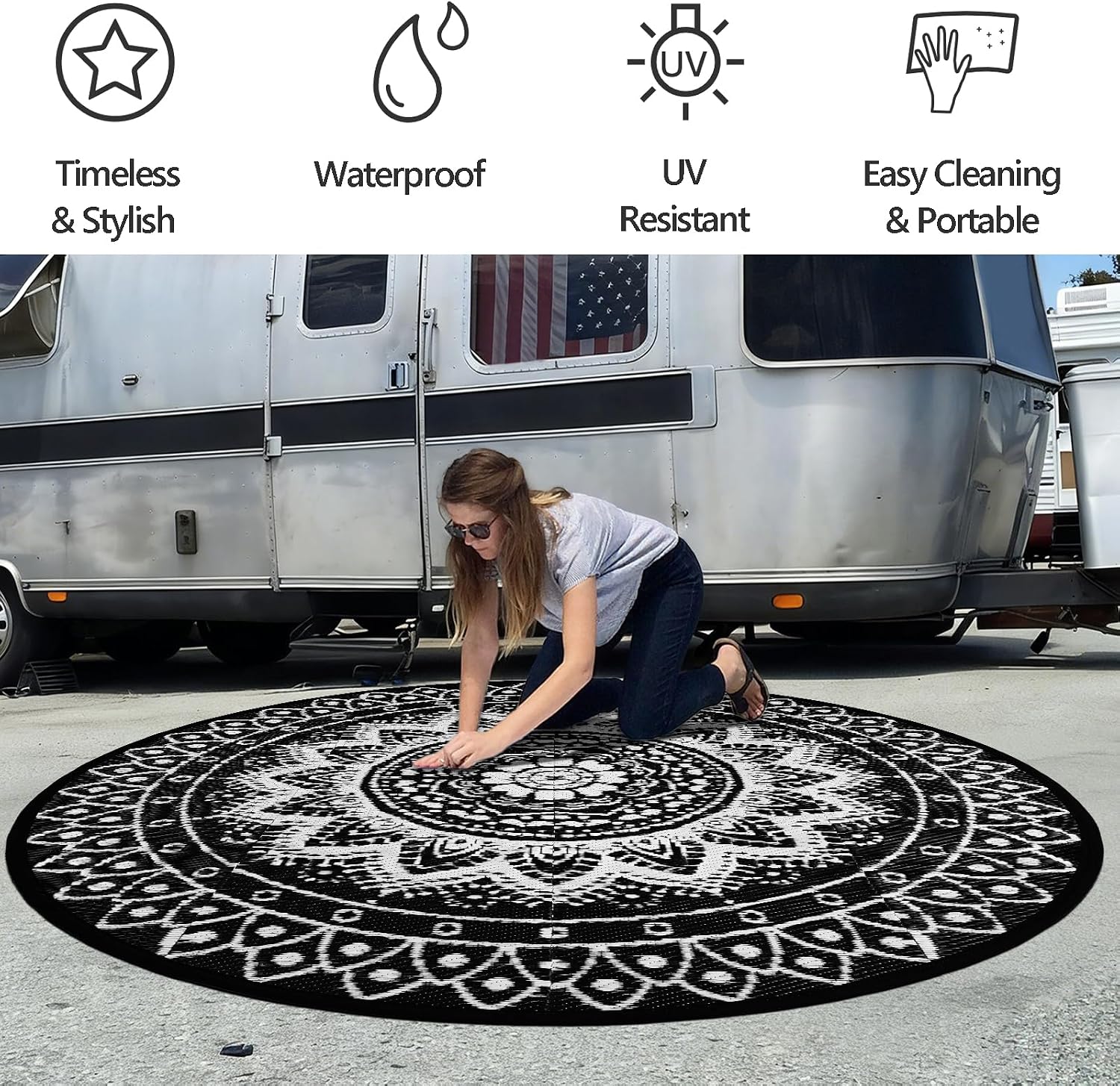 Detalle de VSIWB 240cm Round Outdoor Rug – Reversible Boho Pattern, Waterproof & Foldable