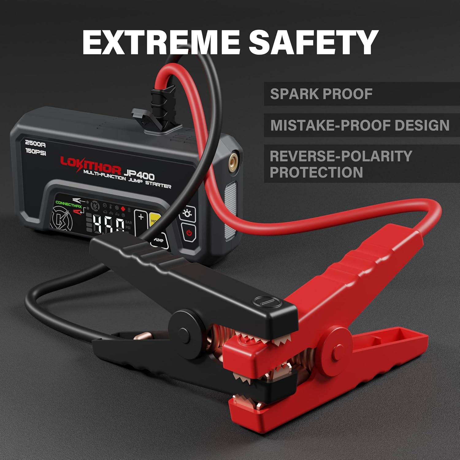 Detalle de LOKITHOR JP400 : Booster de Batterie 12V 2500A avec Compresseur d’Air 150 PSI et Lampe LED