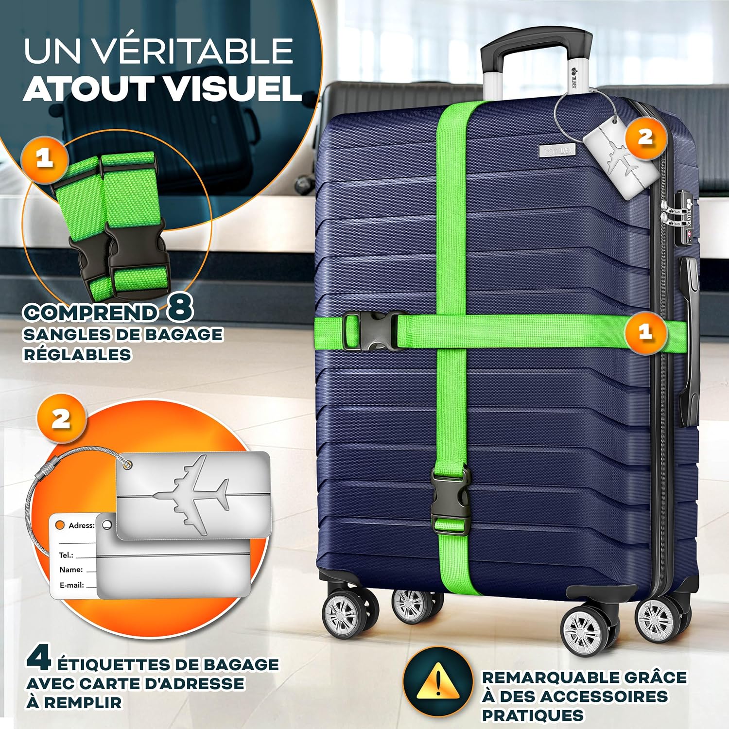 Detalle de tillvex® Set de 4 Valises de Voyage avec Balance, Sangles et Étiquettes – Coque ABS, TSA Lock, Roulettes 360°, Bleu Marine