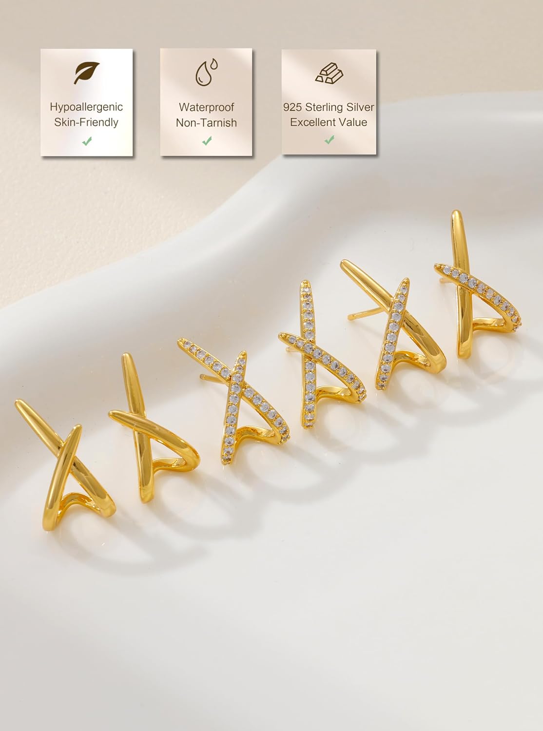 Detalle 2 de HARJJME Ohrstecker Silber 925 Damen, 14K Vergoldet – Minimalistisches X-Design