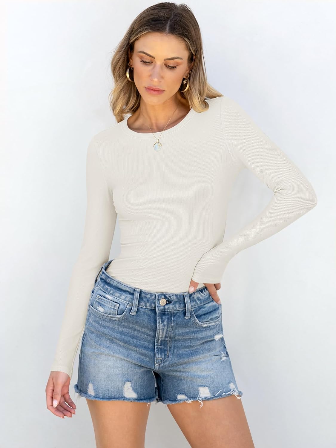 Thumbnail 1 de ANRABESS Women Long Sleeve Rib Knit Slim Fit Top