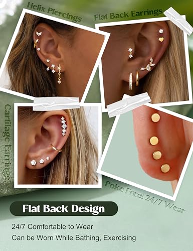 Thumbnail 1 de ADRAMATA Flat Back Stud Earrings for Women – Hypoallergenic 316L Steel with 18K Gold Plating (Hoop & Stud Set)