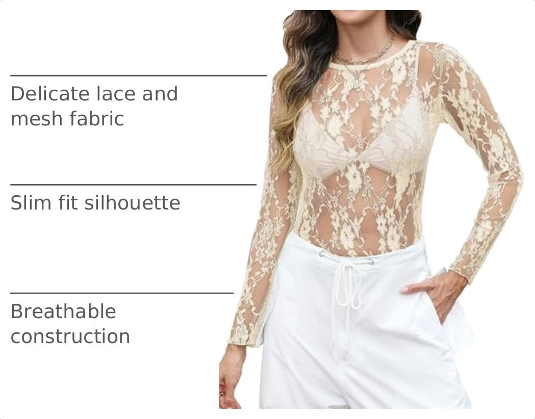 Detalle 2 de LOMON Women's Mesh Lace Top, Long Sleeve Crew Neck, 100% Nylon