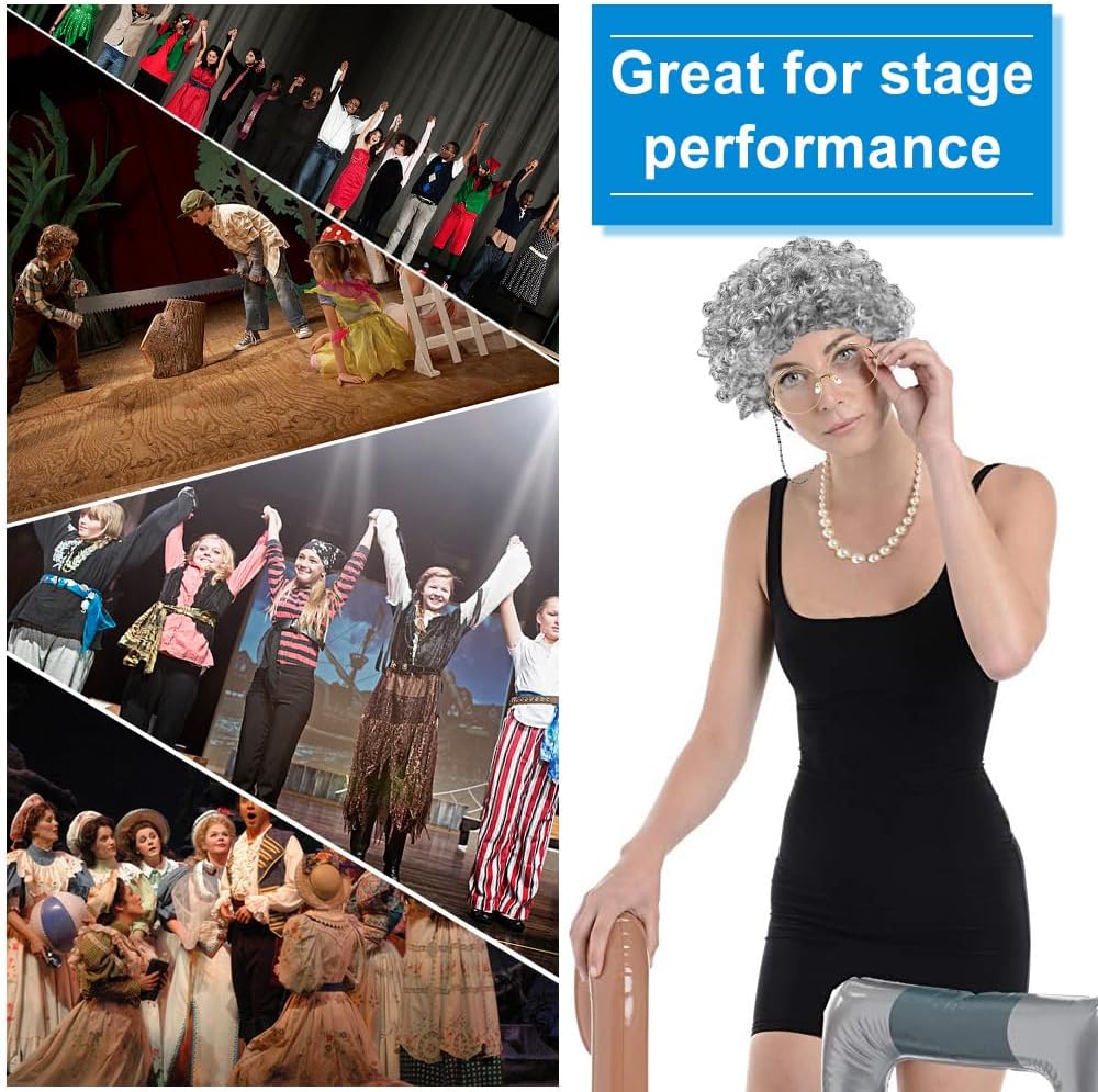 Thumbnail 6 de EMAGEREN 7 Pcs Old Lady Cosplay Set: Granny Wig, Glasses & Accessories for Halloween