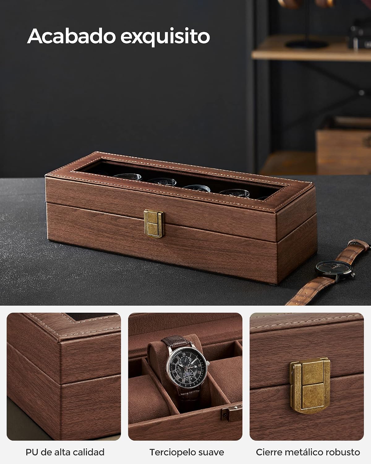 Thumbnail 2 de SONGMICS JWB006K01: caja para 6 relojes con tapa de cristal y cojín extraíble