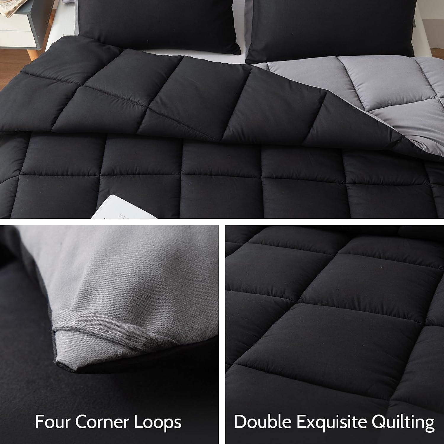 Detalle 2 de Decroom D-LDACSET-BLACKG-K King Comforter Set, Reversible Black/Grey, Quilted