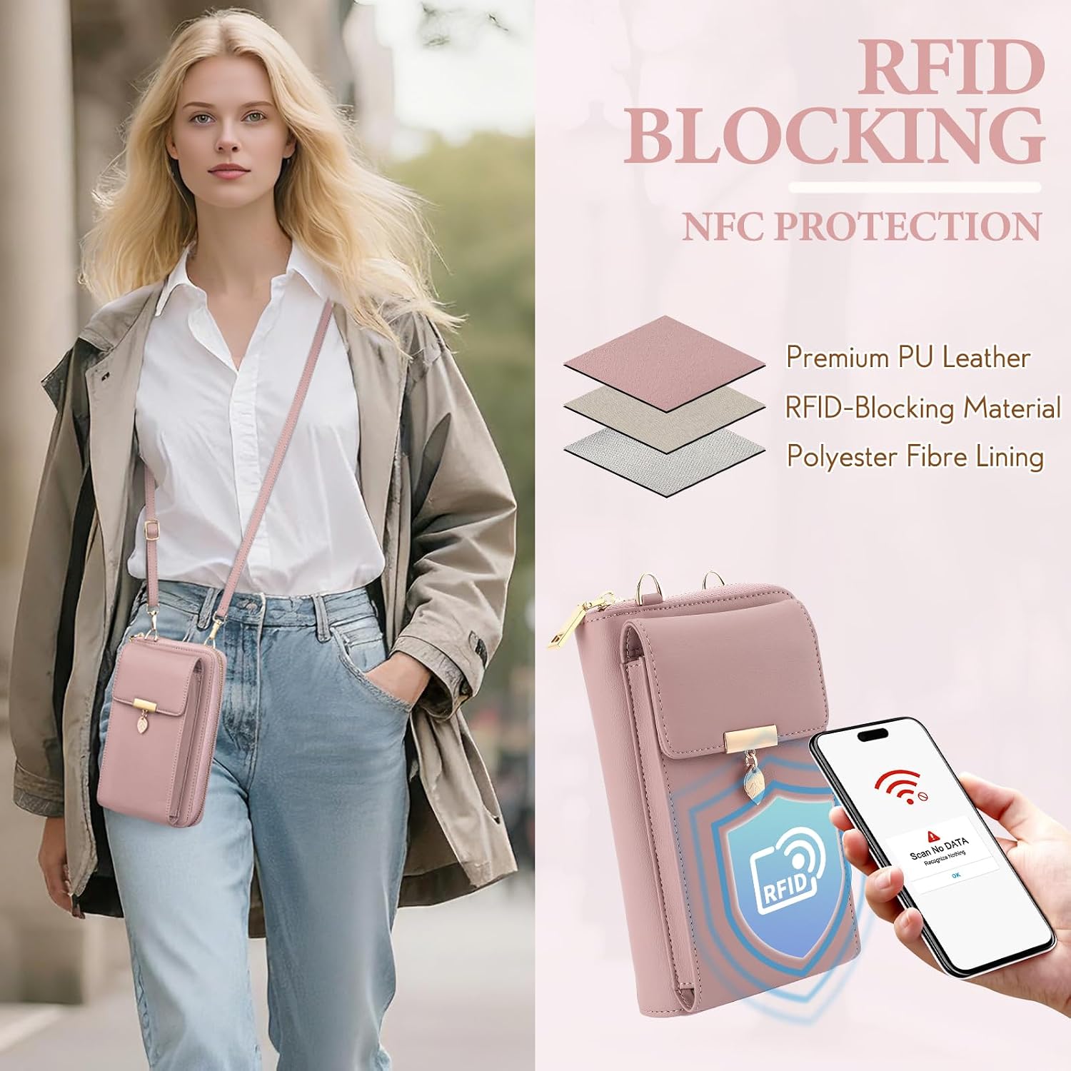 Detalle de ENONEO Porta Cellulare Portafoglio Donna in Pelle PU con Blocco RFID e Tracolla — grande capacità