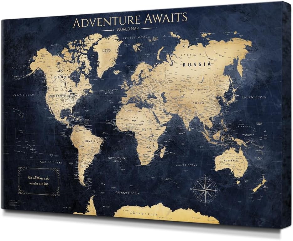 Detalle de IPIC Vintage Teal World Map Canvas, 36 x 24 in, Gallery-Wrapped