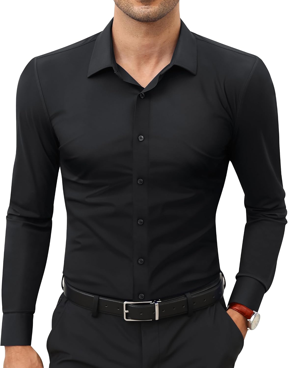 Detalle de Lion Nardo Stretch Men's Dress Shirt – Long Sleeve Slim/Muscle Fit, Black