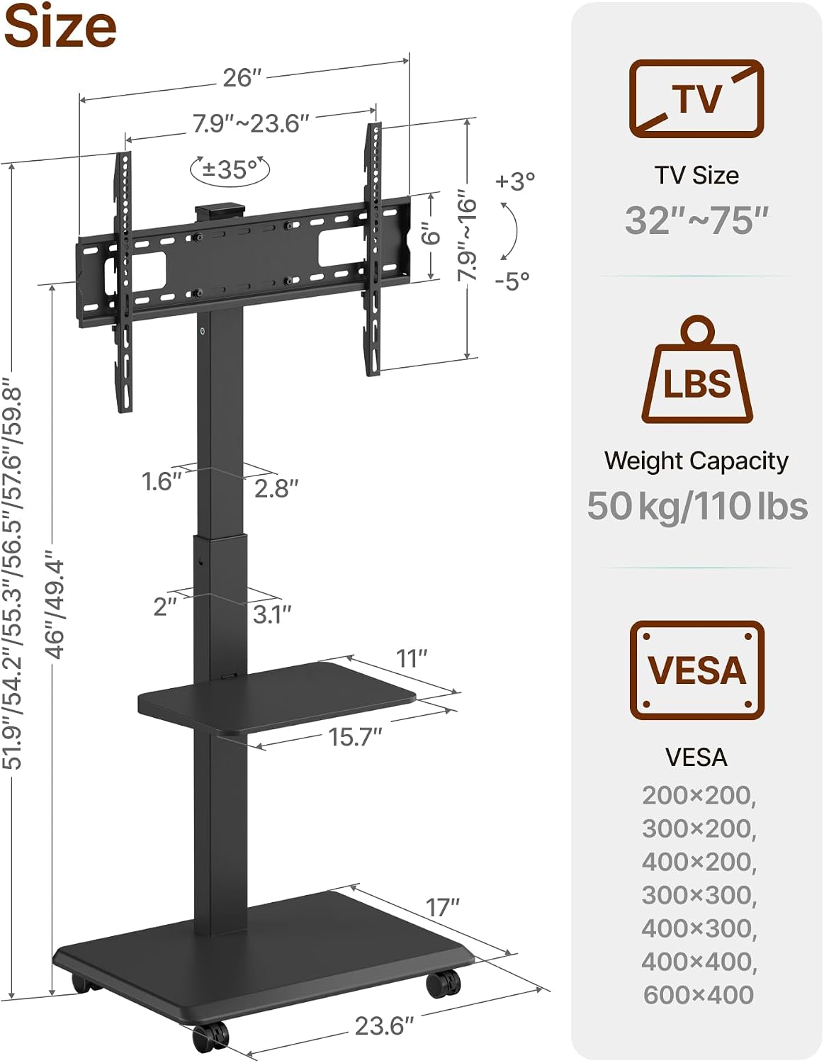 Detalle de ECOTINY TV Stand on Wheels for 37-75 inch TVs up to 50kg – robust rolling cart with hidden cable management and height adjustability