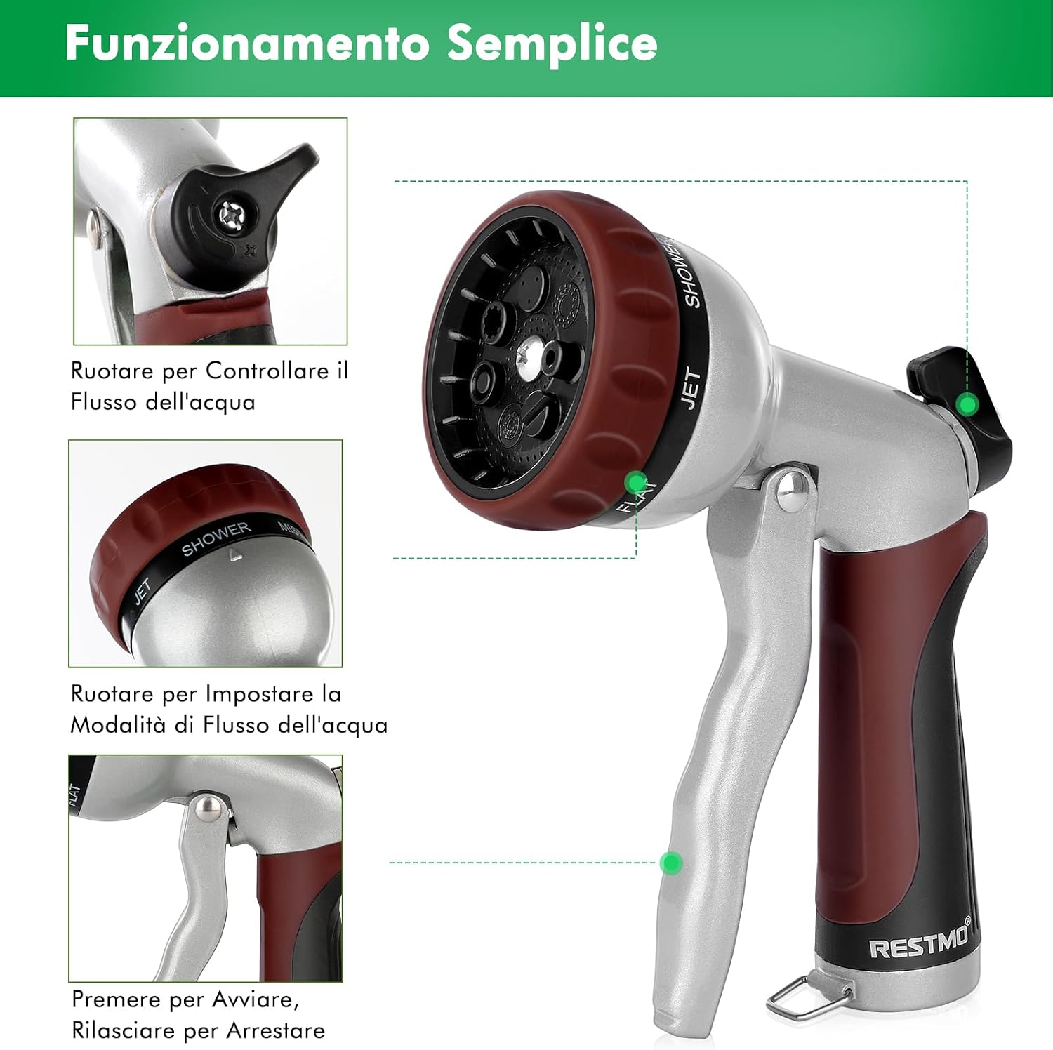 Detalle 2 de RESTMO Doccia da giardino in metallo ad alta pressione, 7 funzioni, getto spray, regolazione flusso — marrone