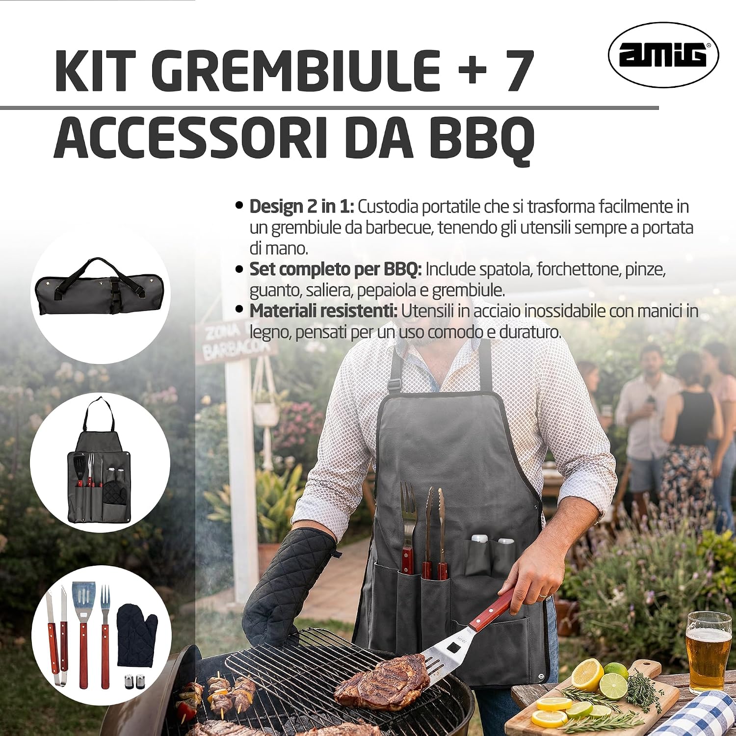 Detalle 2 de Amig AM17: Grembiule barbecue con 7 accessori in acciaio inox, kit BBQ pratico e curato