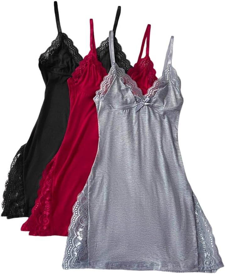 Detalle de CHICME Women’s Lace Trim Side Slit Modal Cami Sleep Dress (3-Pack)