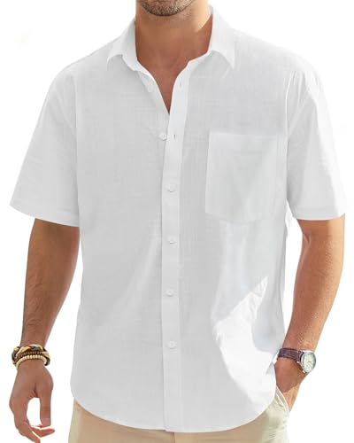 Detalle de J.VER White Linen Shirt for Men – Short Sleeve, Regular Fit, Lightweight Cotton-Linen Blend