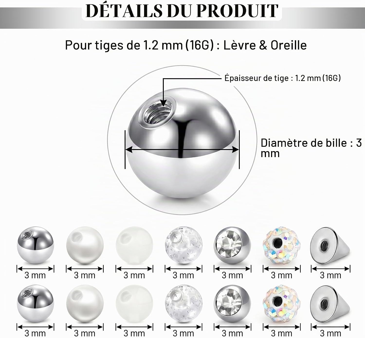 Detalle de CIZME labret-piercingset 16G van 316L-staal, 4–10 mm, zilverkleurig