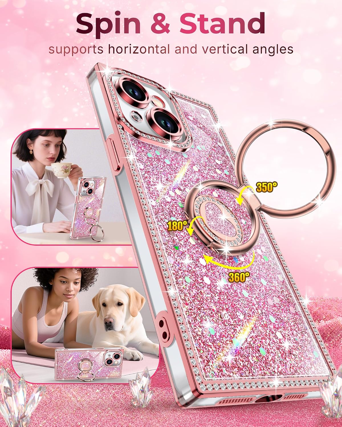 Detalle de XYZ Glitter Bling Case for iPhone 14 with 2‑Ring Heart Stand & Lanyard (Pink)