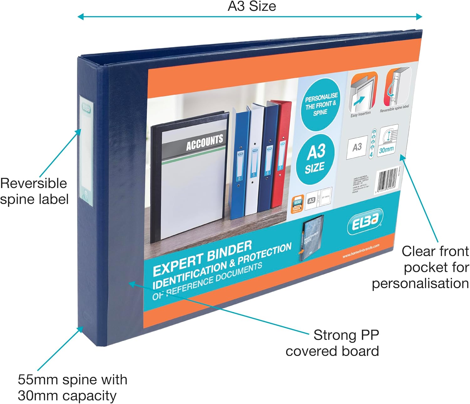 Thumbnail 2 de Elba A3 4 D-Ring Binder with PVC-Covered Board, 55 mm Spine, 30 mm Capacity (Blue)