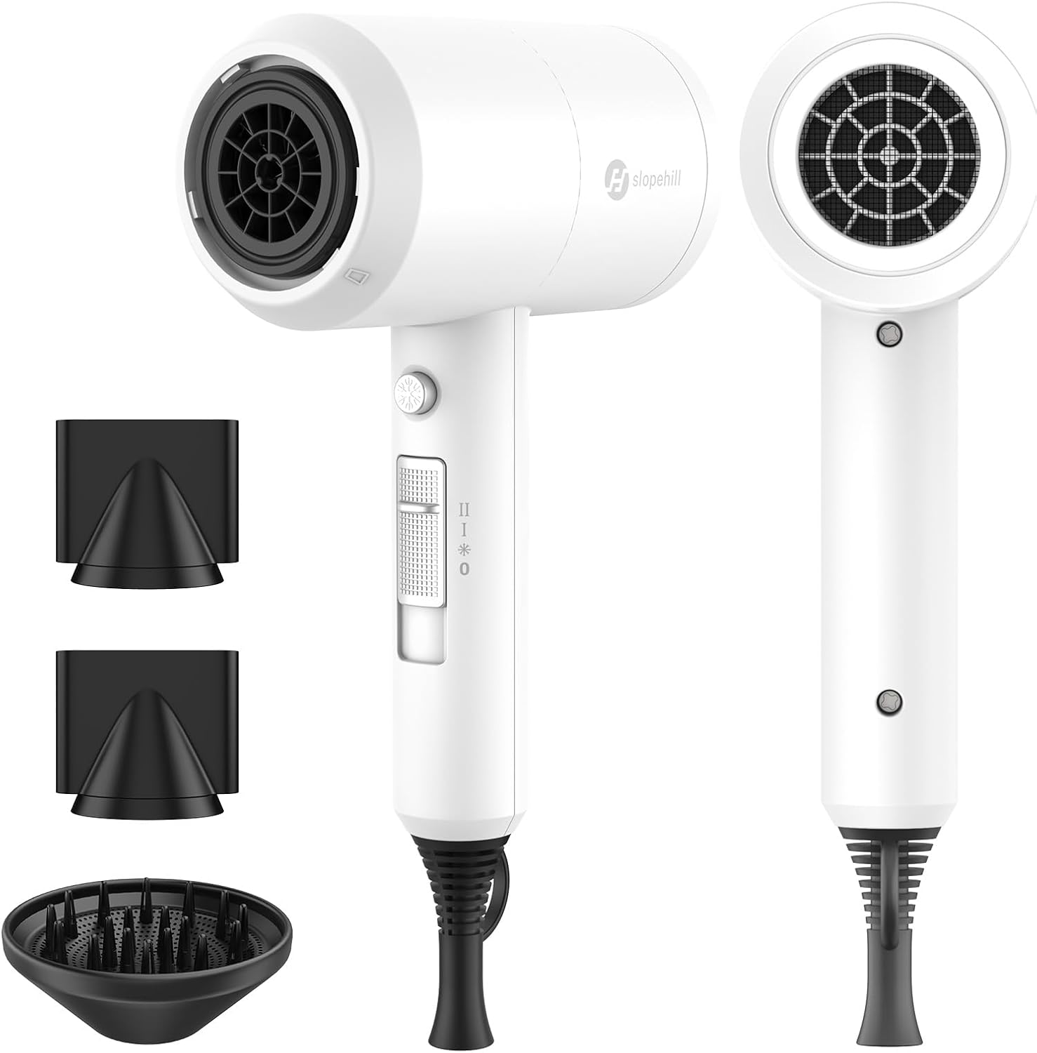 Slopehill Professional Ionic Hair Dryer (1800W) with 2 Concentrator Nozzles + Diffuser, White