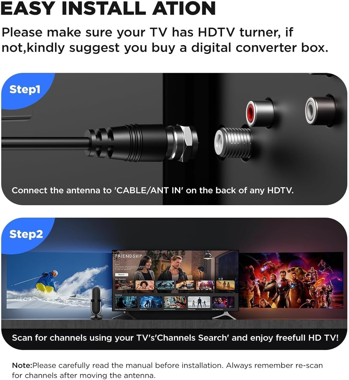 Detalle de Indoor TV Aerial with Amplifier – 650+ Miles Range, 4K/HD Local Channels (Glossy Black)