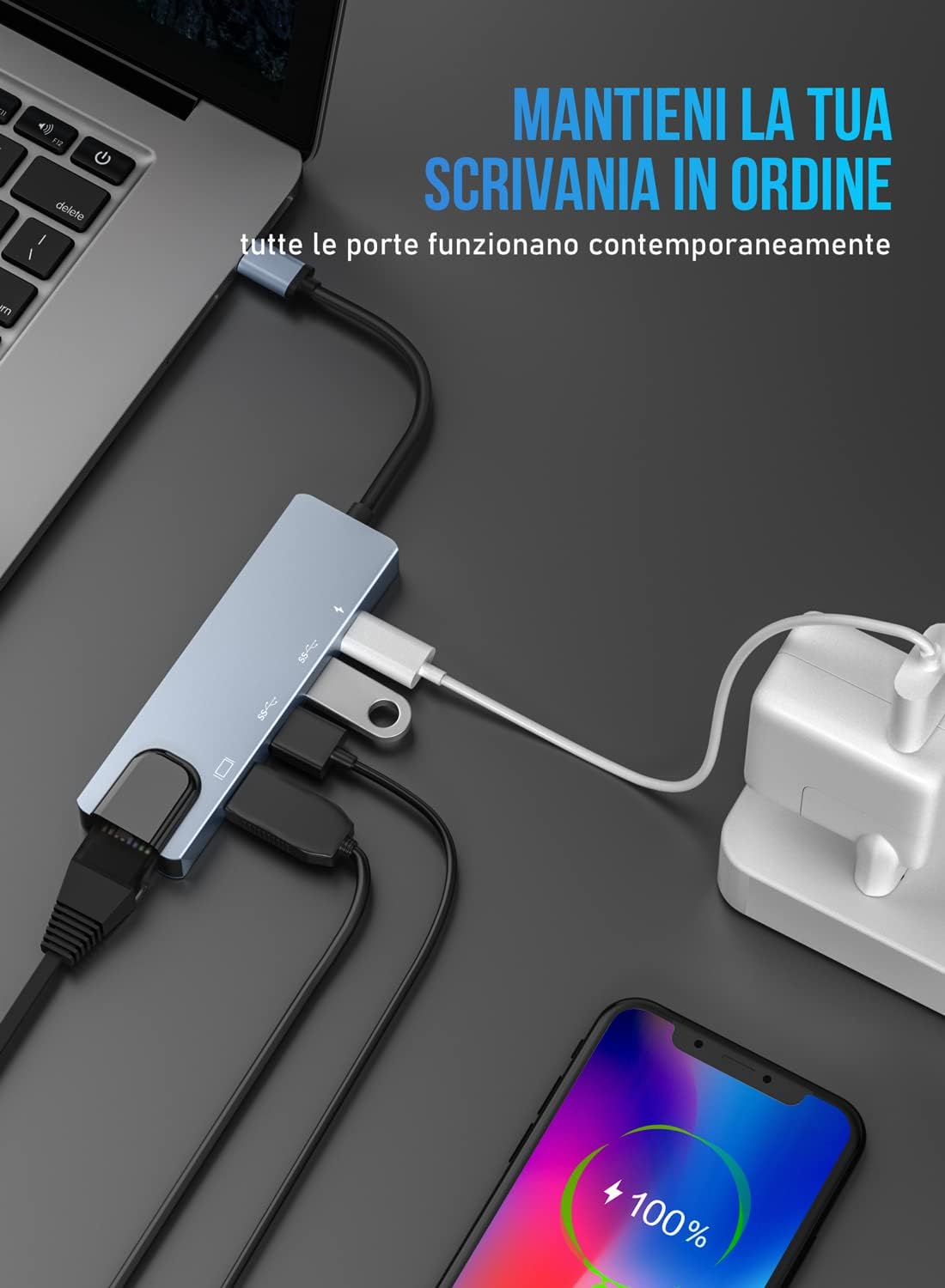 Thumbnail 6 de Lemorele Hub USB‑C Ethernet 5‑in‑1: docking station in alluminio per HDMI 4K, Ethernet 100Mb, PD 100W e USB‑A