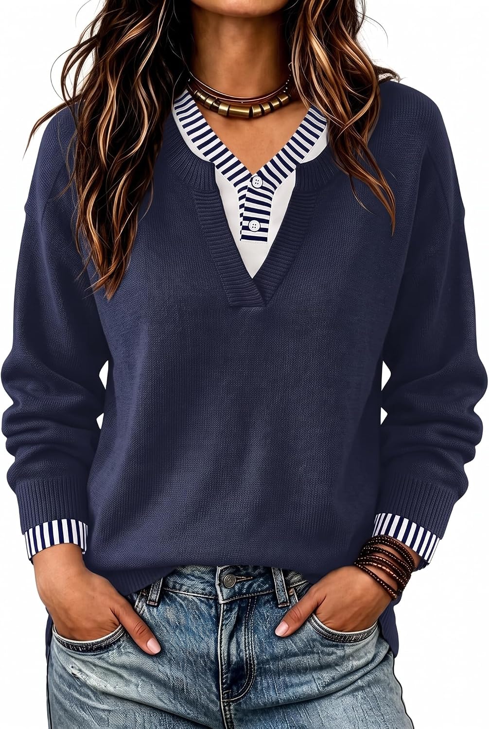 Detalle de Women's Henley Pullover Sweater, Viscose Blend