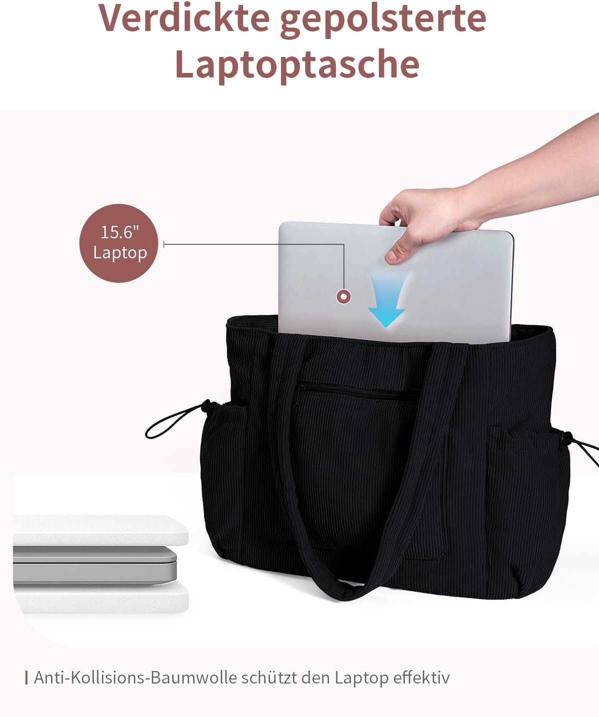 Detalle 2 de ECOHUB Cord Tasche Damen Groß – recycelte Tote mit Laptopfach 15,6 Zoll