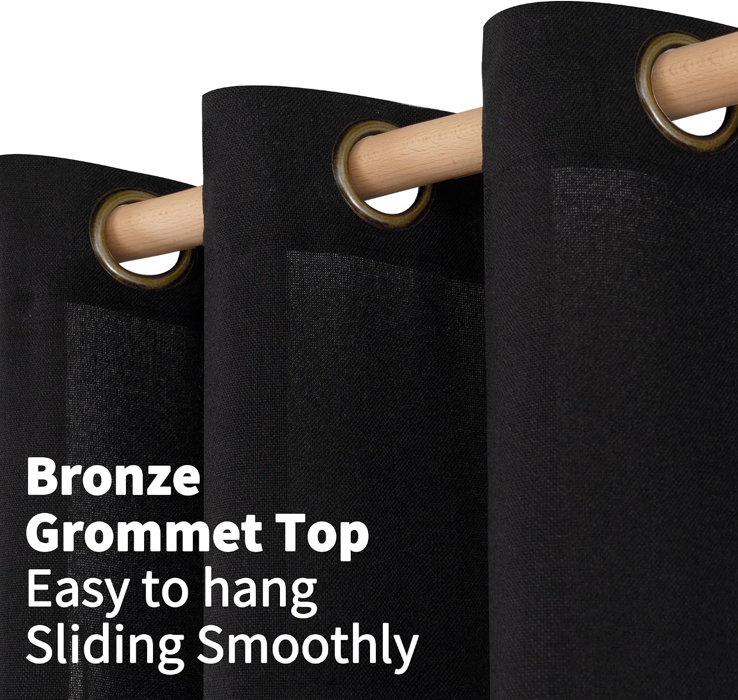 Detalle 2 de YoungsTex Black Linen-Look Curtains, 84-Inch, Light-Filtering, Bronze Grommets