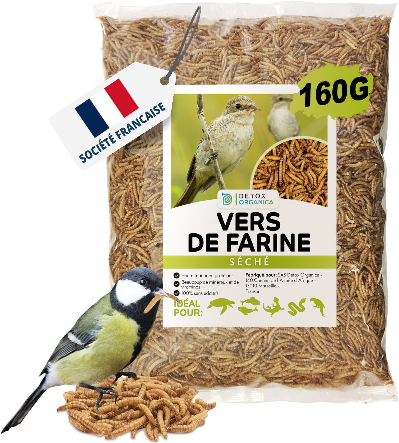 Detalle de Detox Organica-vers de Farine Séchés – 1 kg, friandises protéinées pour oiseaux, poissons, reptiles et petits animaux