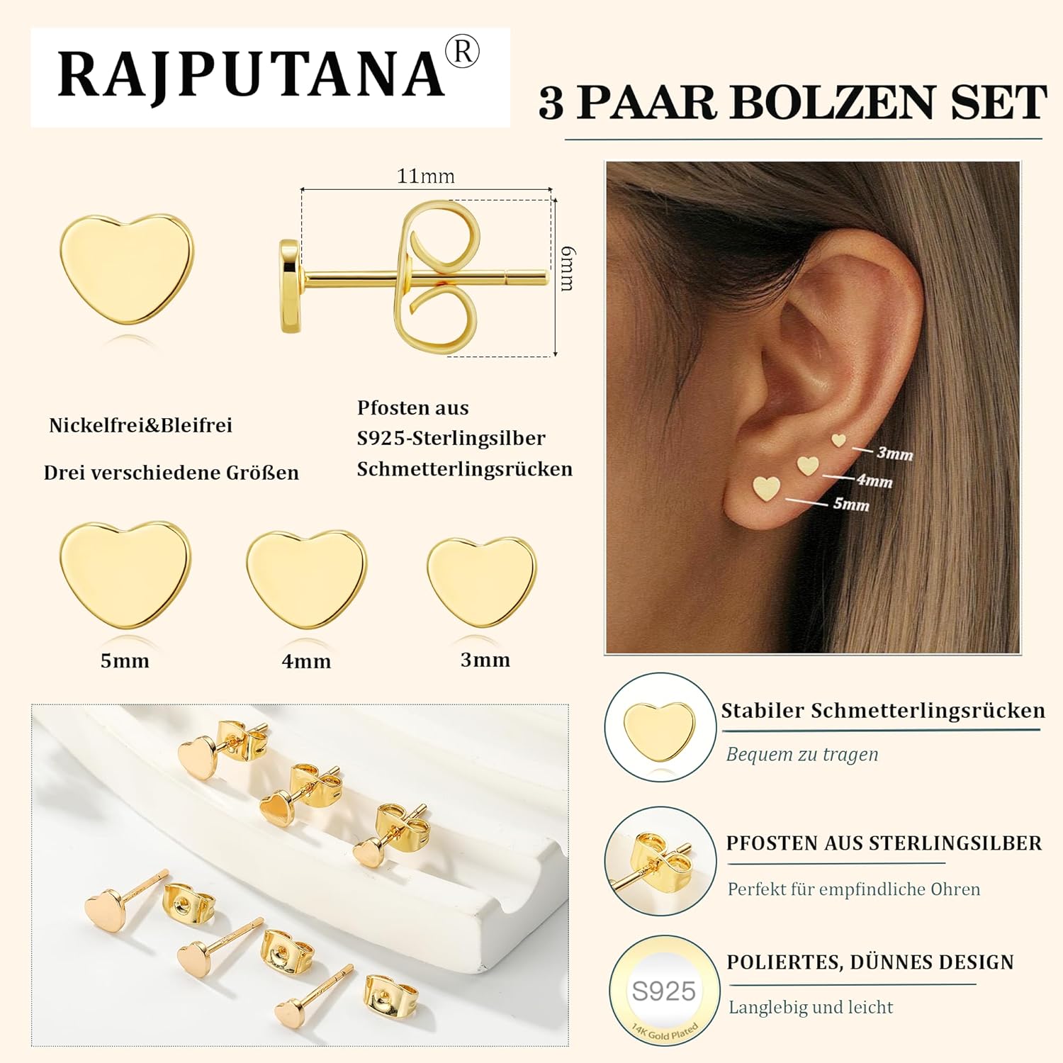 Thumbnail 3 de Set RAJPUTANA da 3 paia di piccoli orecchini a perno in argento 925 placcati oro 14K, ipoallergenici
