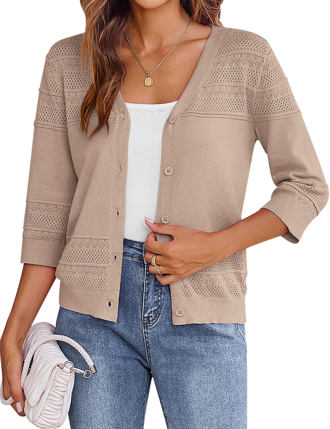 Thumbnail 4 de ZEAGOO Boléro cardigan léger manches 3/4 pour femme en maille, boutonné