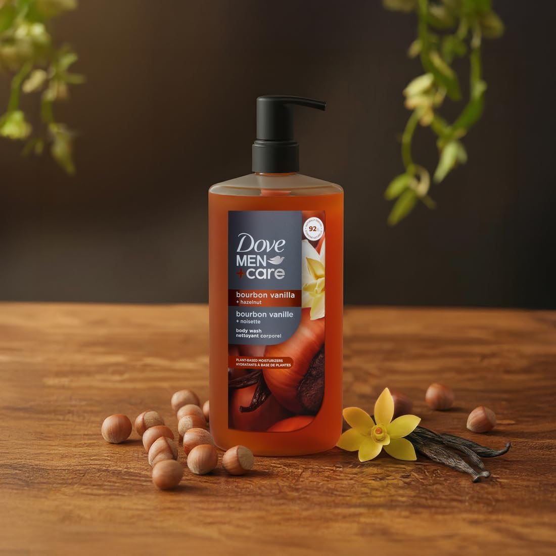Detalle de DOVE MEN Moisturizing Body Wash, Bourbon Vanilla + Hazelnut, 26 oz