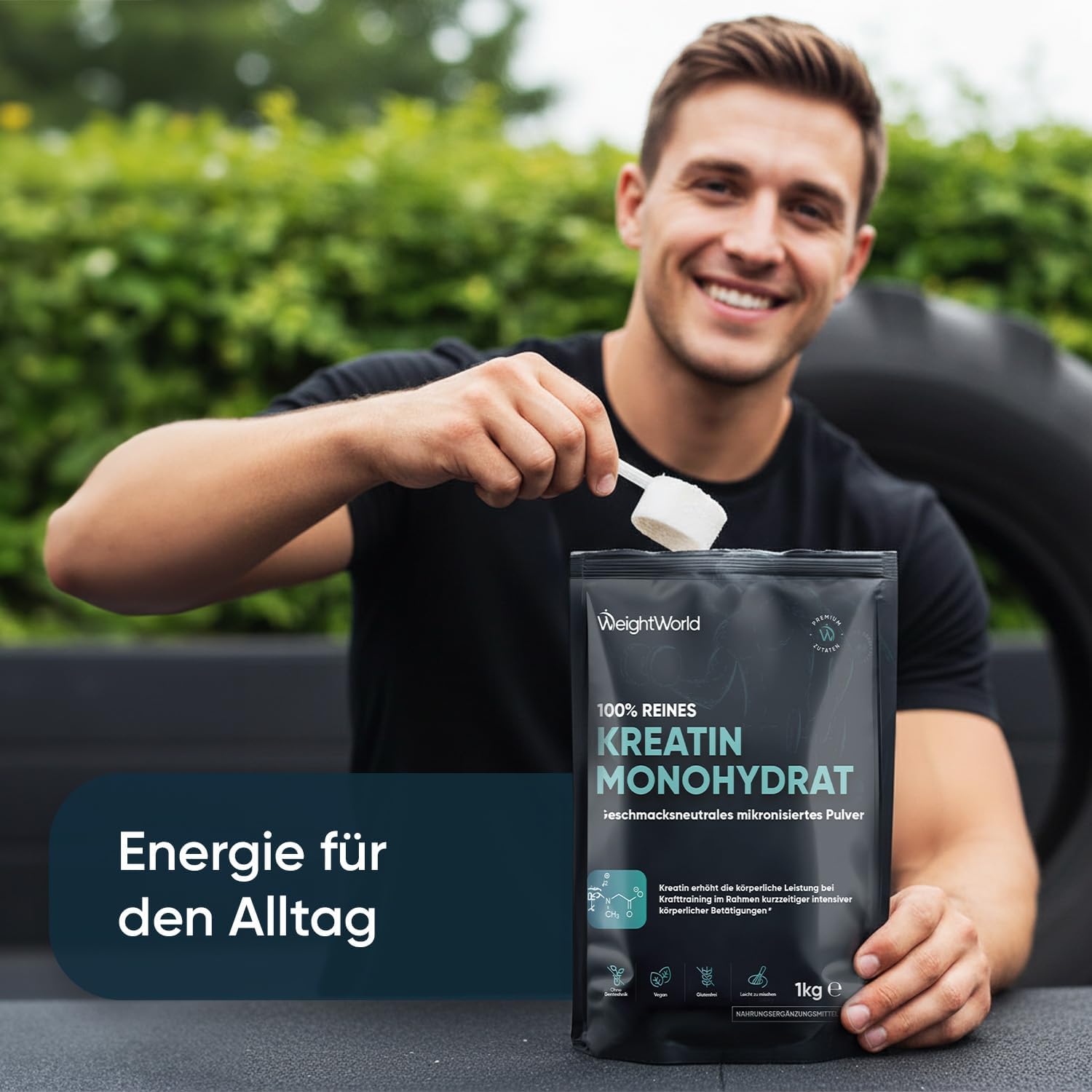 Detalle 2 de Creatin Monohydrat Pulver 1kg (WeightWorld) – mikronisiert, 330 Portionen, vegan, geschmacksneutral