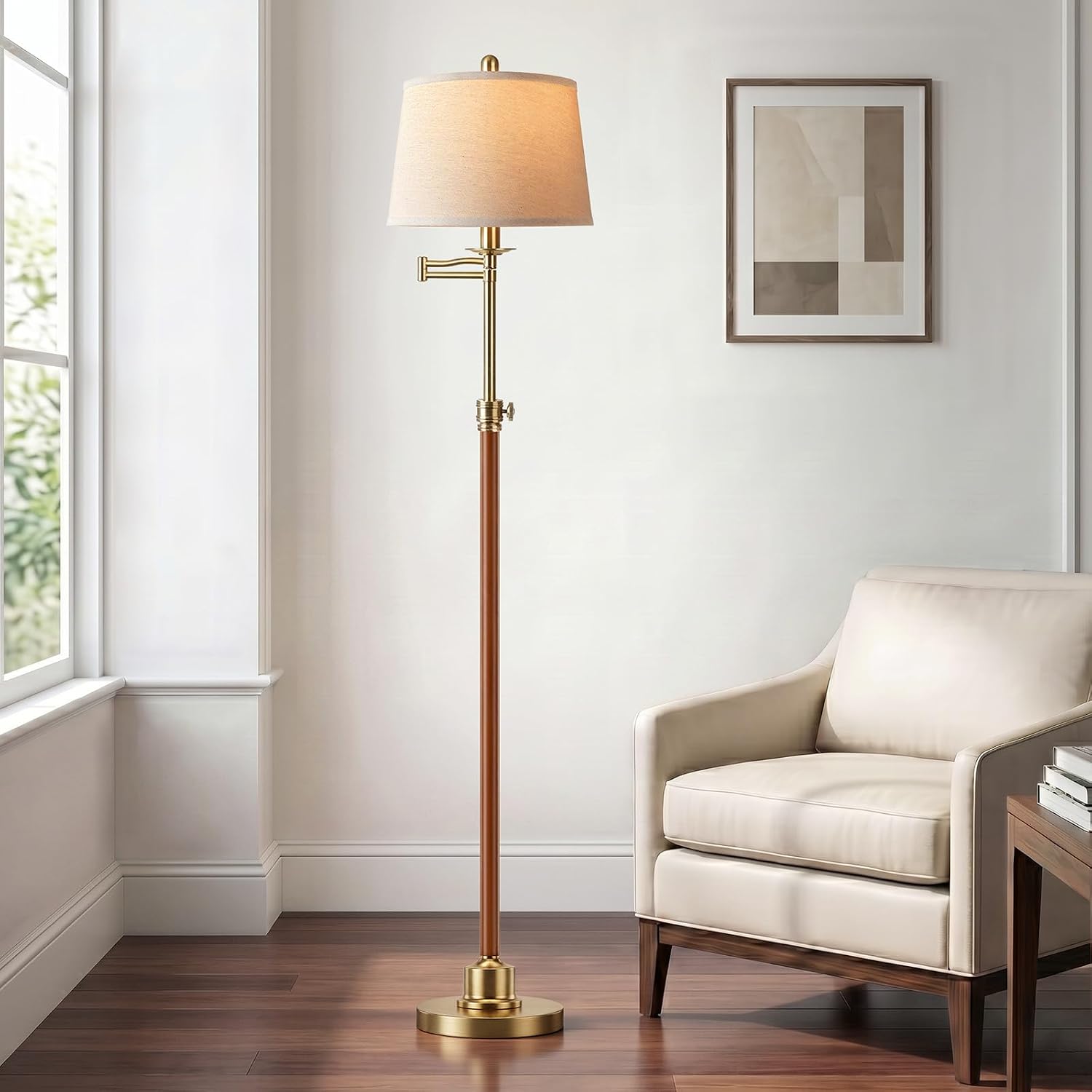 Detalle de Vintage Walnut Gold Floor Lamp with 350° Swivel Arm and Adjustable Height