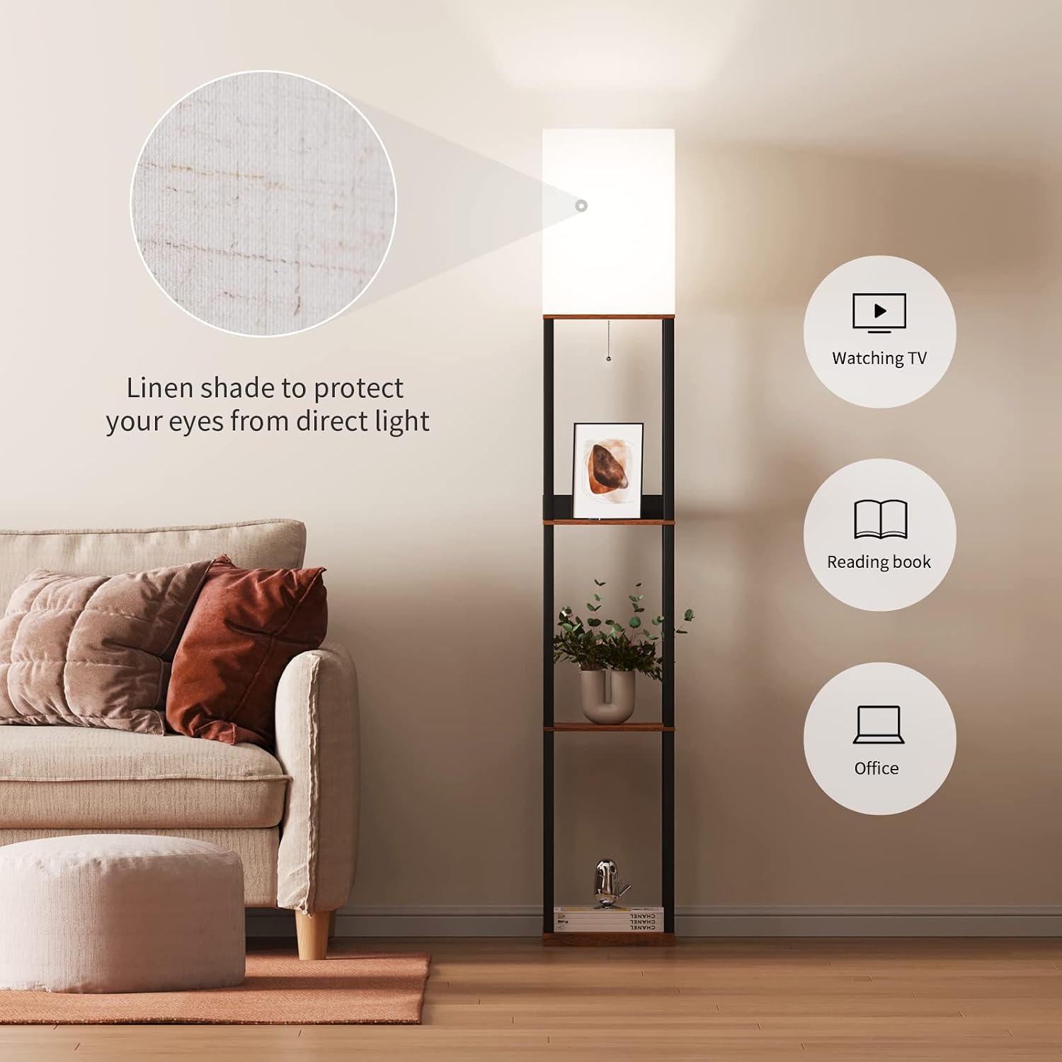 Detalle de Meisoda Floor Lamp with 3-Tier Wood Shelves