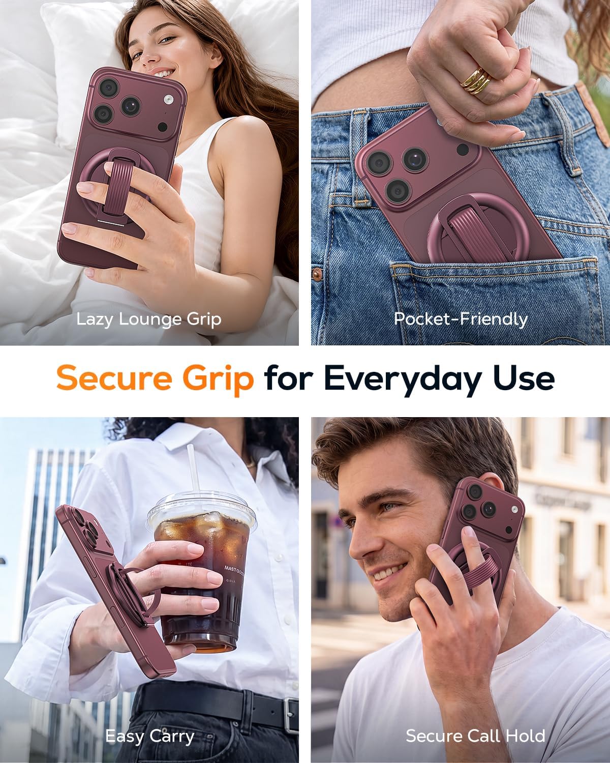 Thumbnail 6 de Meifigno Magnetic Phone Grip for MagSafe, Burgundy Silicone Loop with Mirror