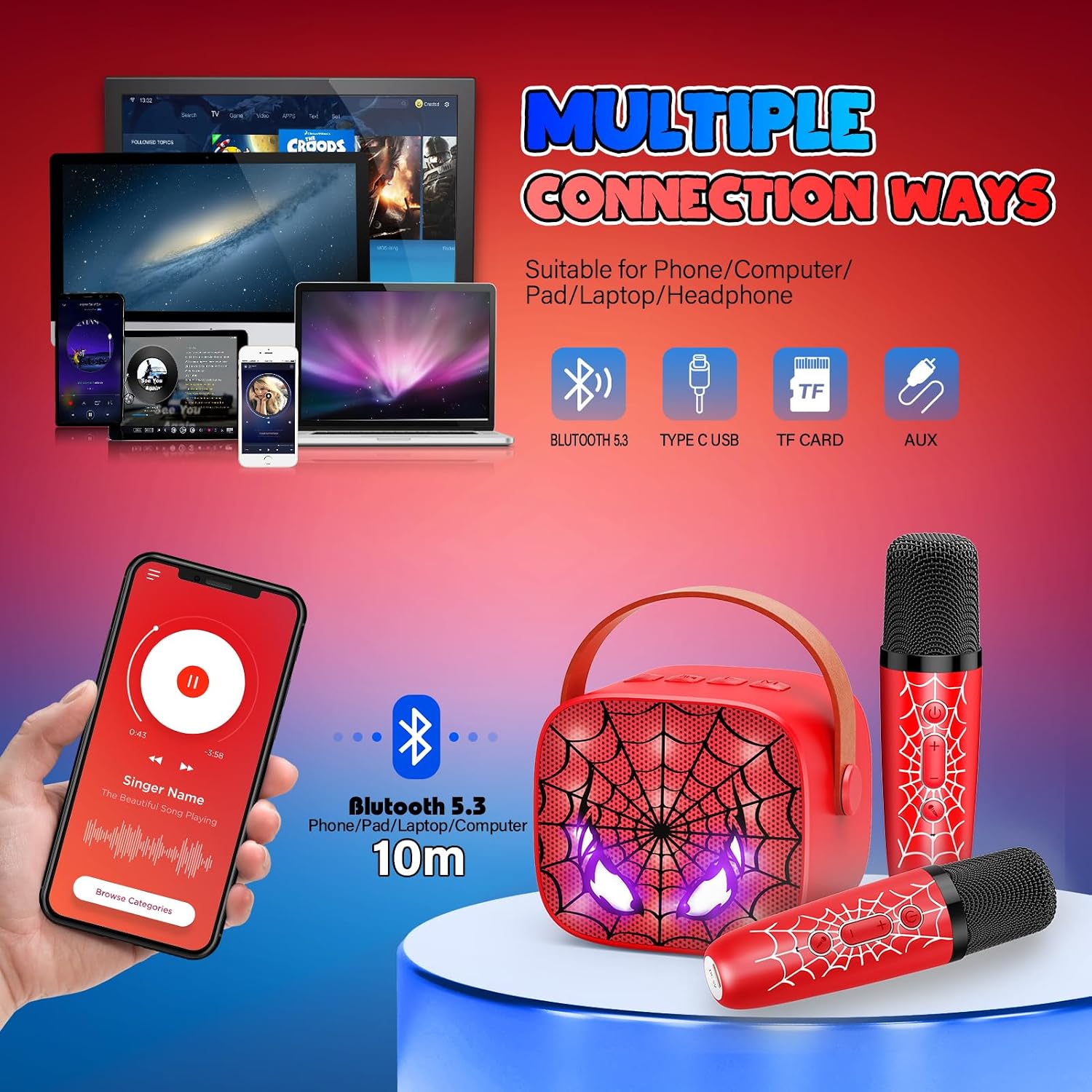 Detalle 2 de Braxel Karaoke Machine with 2 Wireless Microphones (Bluetooth 5.3) for Kids aged 3–12