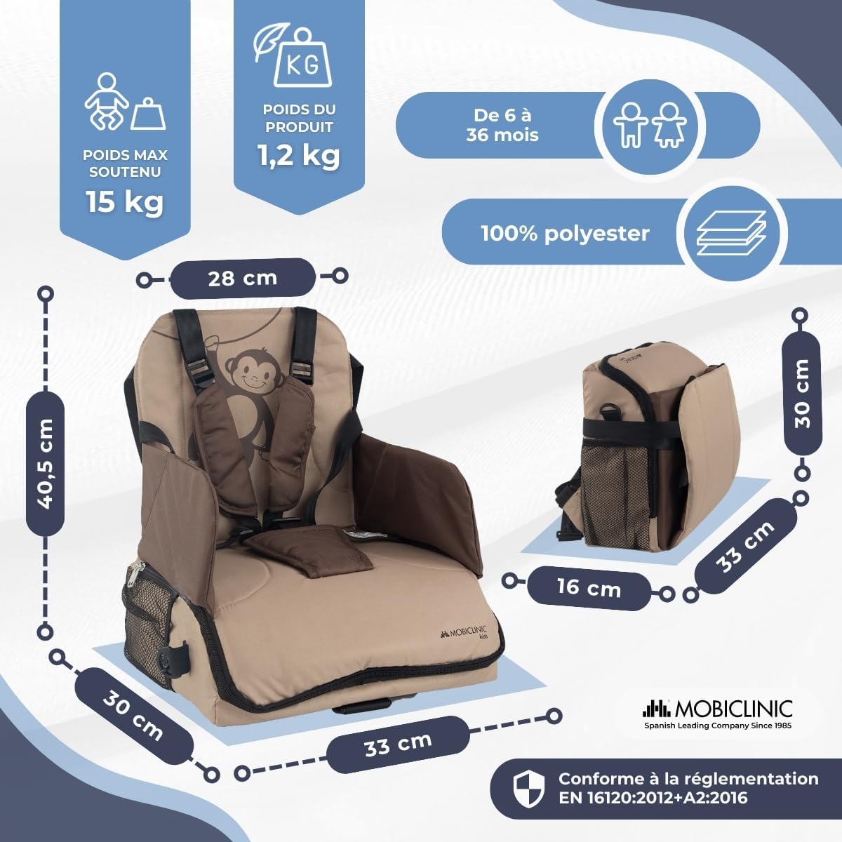 Thumbnail 2 de Mobiclinic Rehausseur Chaise Enfant Pliable avec Compartiments – Gris Monkey (6–36 mois, jusqu’à 15 kg)