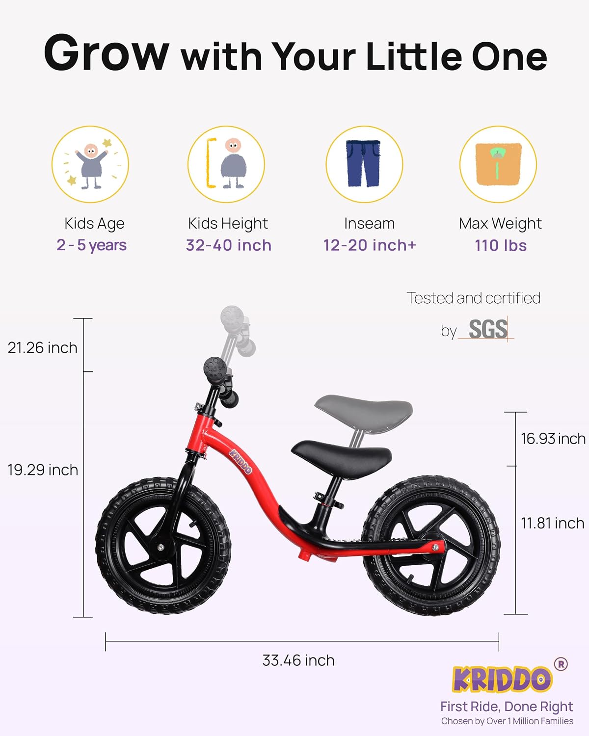 Thumbnail 1 de KRIDDO Toddler Balance Bike: Fun, Safe First Bike for Ages 2–5 (Red)