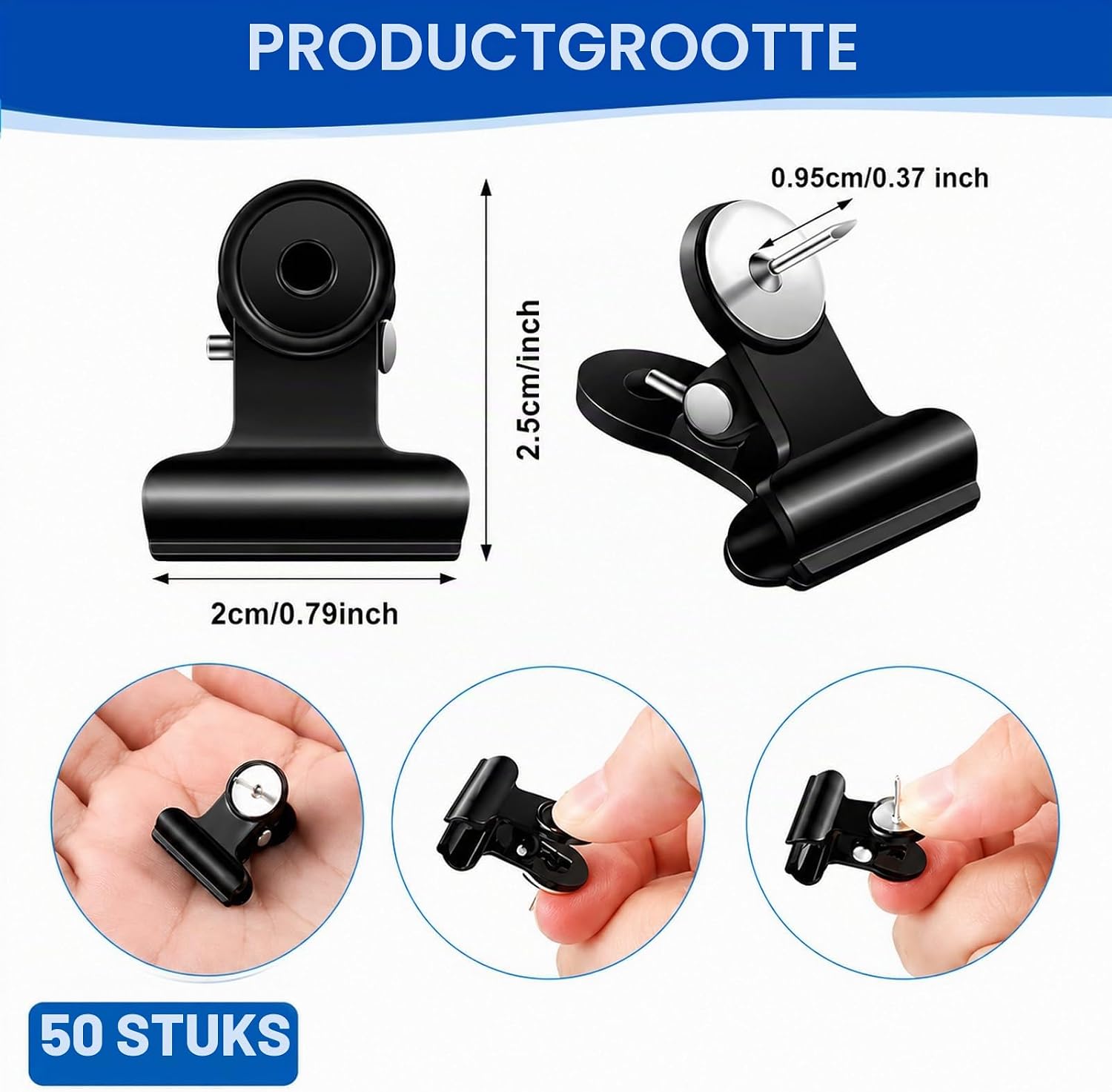 Detalle de HX-pyahgtv HX-pyahgtv-sg137 metalen klem punaises, zwart, 2 cm, set van 50