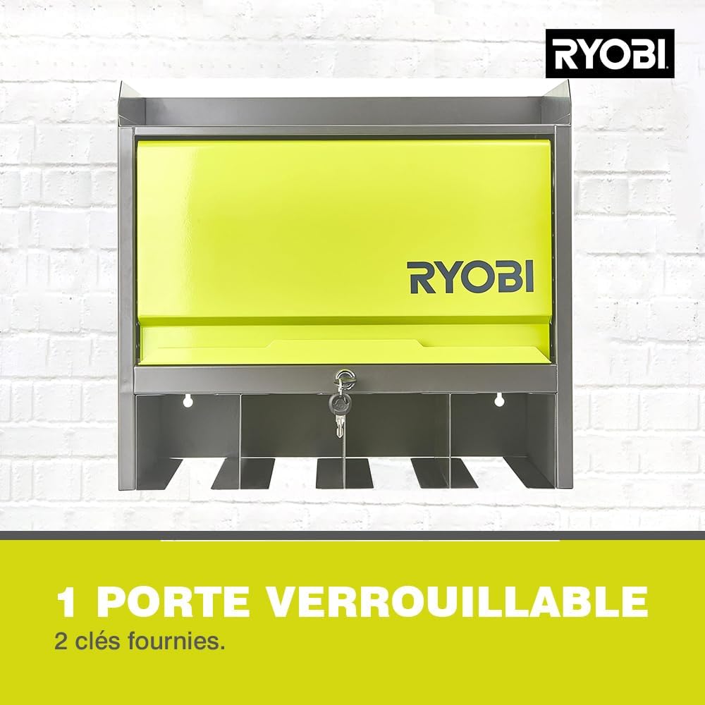 Detalle de RYOBI RHWS-01 : Étagère murale avec boîtes de rangement et porte verrouillable