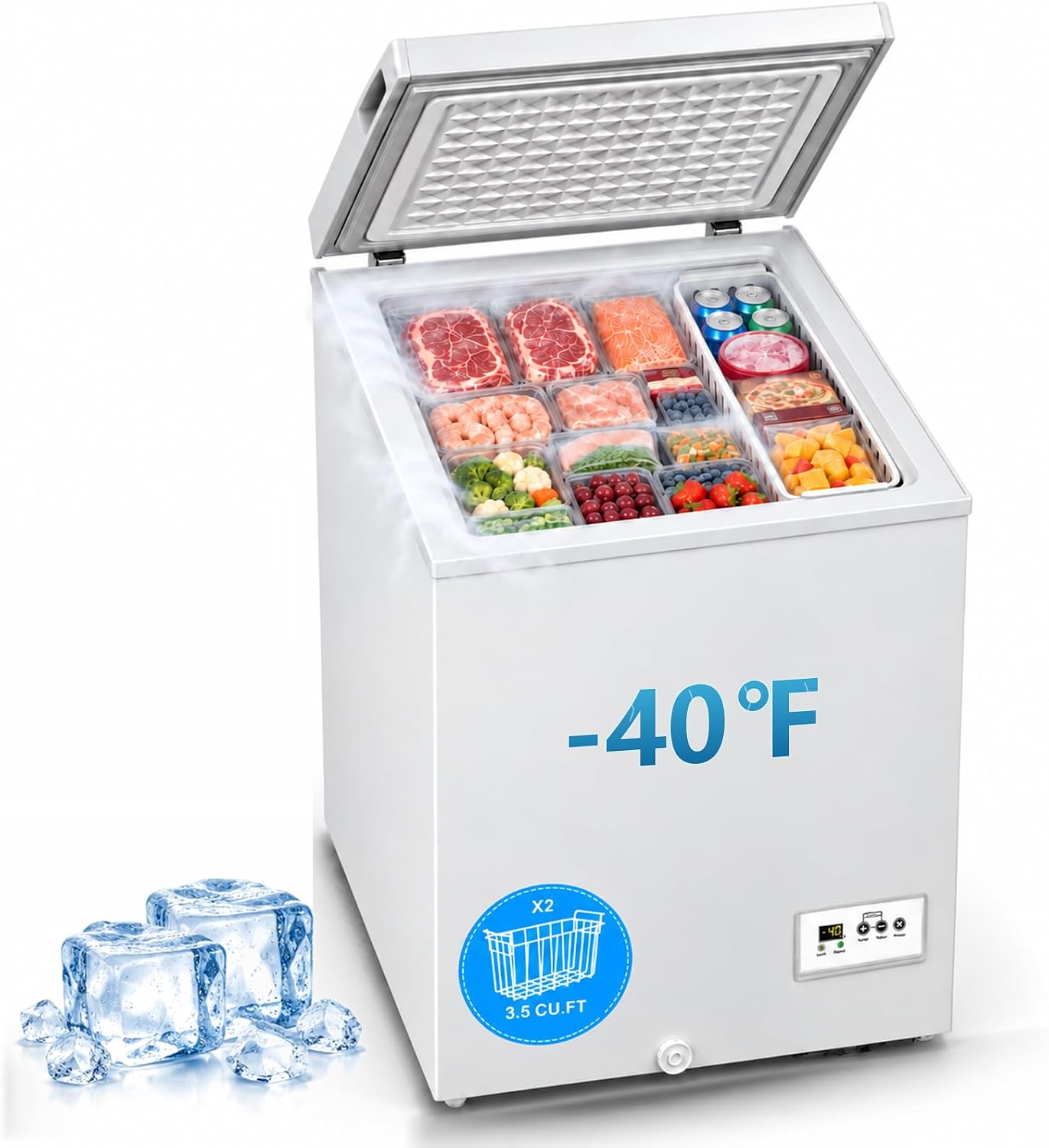 Detalle de COWSAR 58090RFR0-WHITE-EL Chest Freezer, 3.5 Cu. Ft., -40°F to 14°F, 2 Baskets
