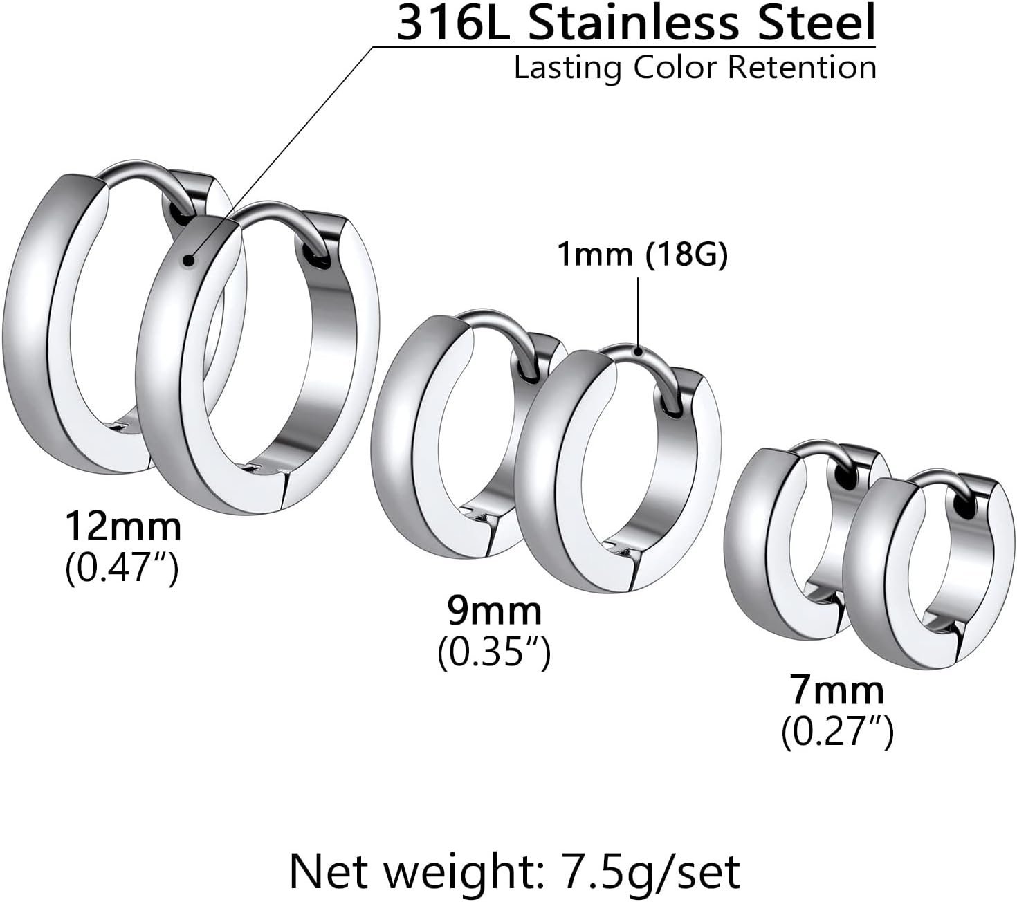 Thumbnail 6 de PROSTEEL 3 Paia Orecchini Cerchio 7/9/12 mm