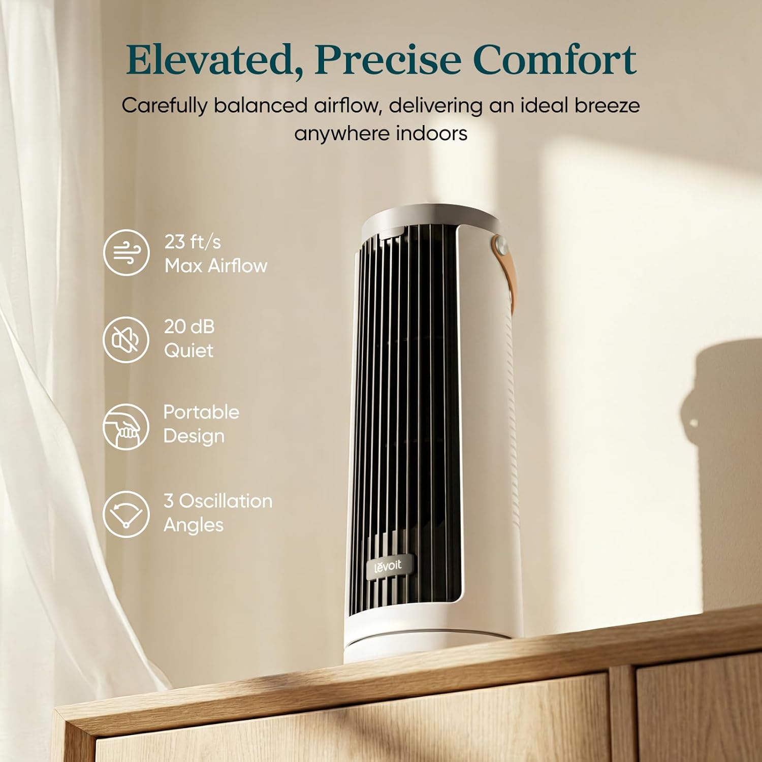 Detalle 2 de Levoit Mini Windi LTF-F132-WCA Tower Fan, 5 Speeds and Multi-Angle Oscillation