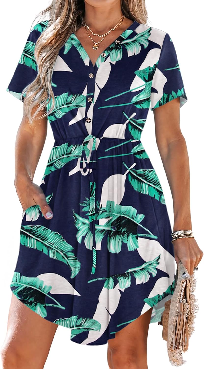 Detalle de MISFAY Women’s V-Neck Mini Dress with Short Sleeves, Pockets and Drawstring
